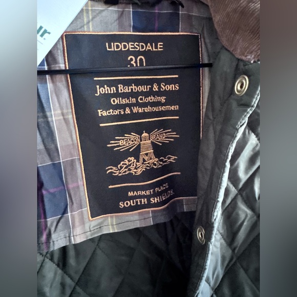 Barbour Olive Quilted Puffer Coat with Brown Trim - Picture 5 of 13